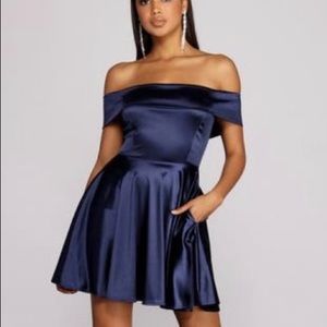Navy Blue Off the Shoulder Dress